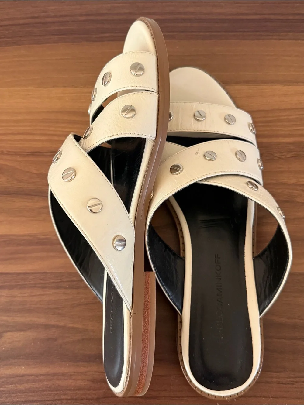 Rebecca Minkoff Ivory Leather Studded Slide Sandals